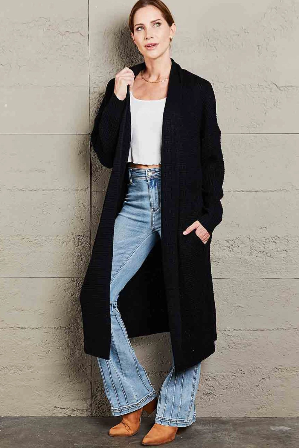 Price Slash Today Waffle Knit Open Front Duster Cardigan With Pockets
