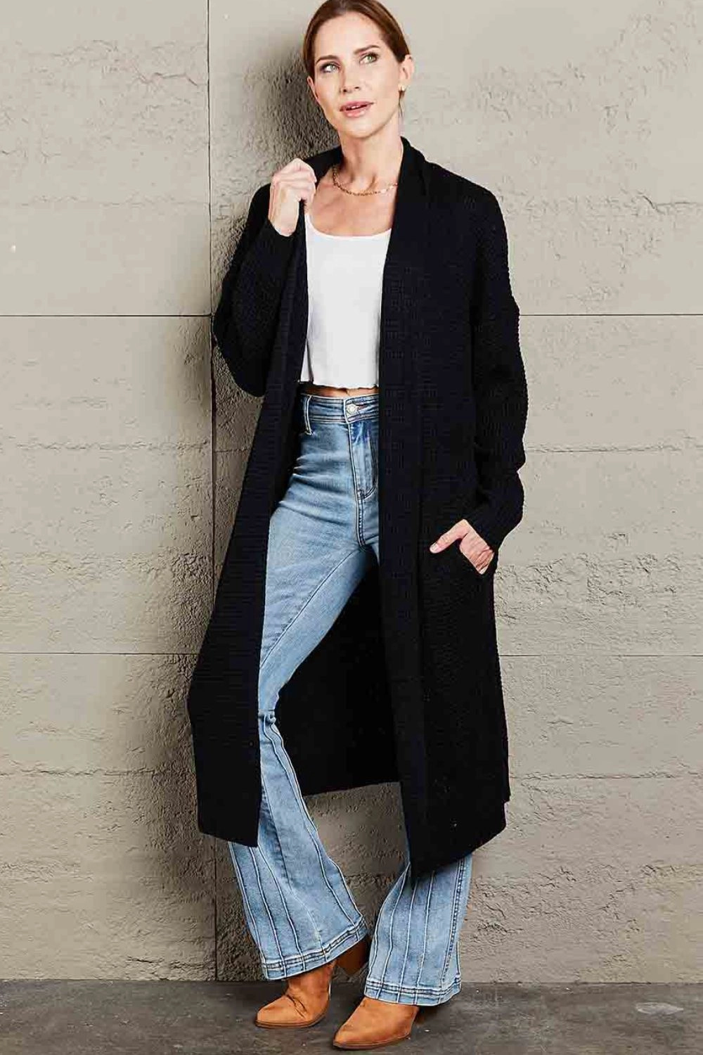 Waffle Knit Open Front Duster Cardigan With Pockets Price Drop Alert