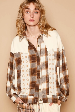 Hot Offer Ending Soon Pol Plaid & Star Patchwork Contrast Long Sleeve Shacket