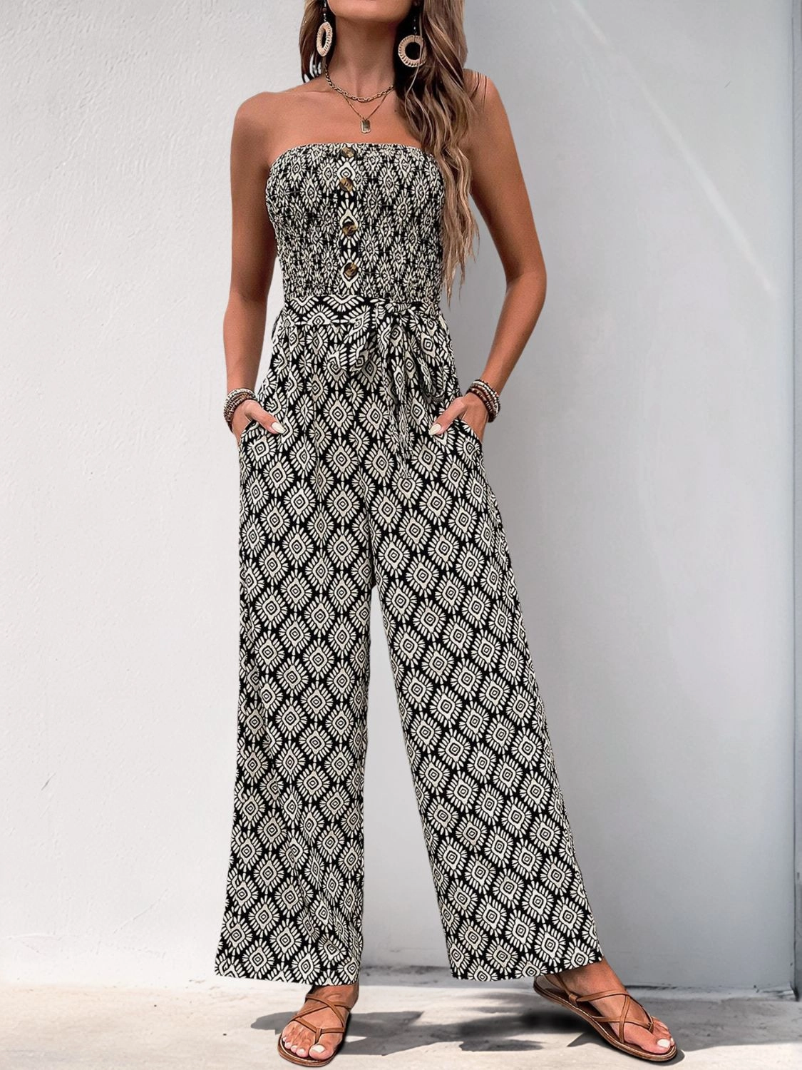 Perfee Printed Smocked Sleeveless Jumpsuit Price Drop Frenzy Limited Time Offer