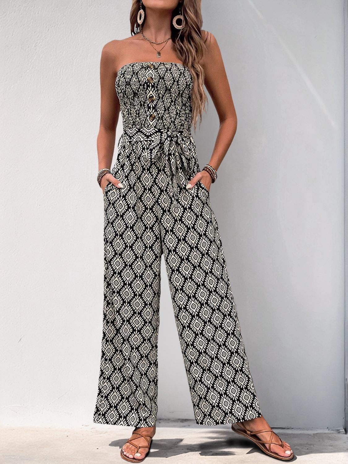 Perfee Printed Smocked Sleeveless Jumpsuit Grab Your Hot Pick Special Savings Today