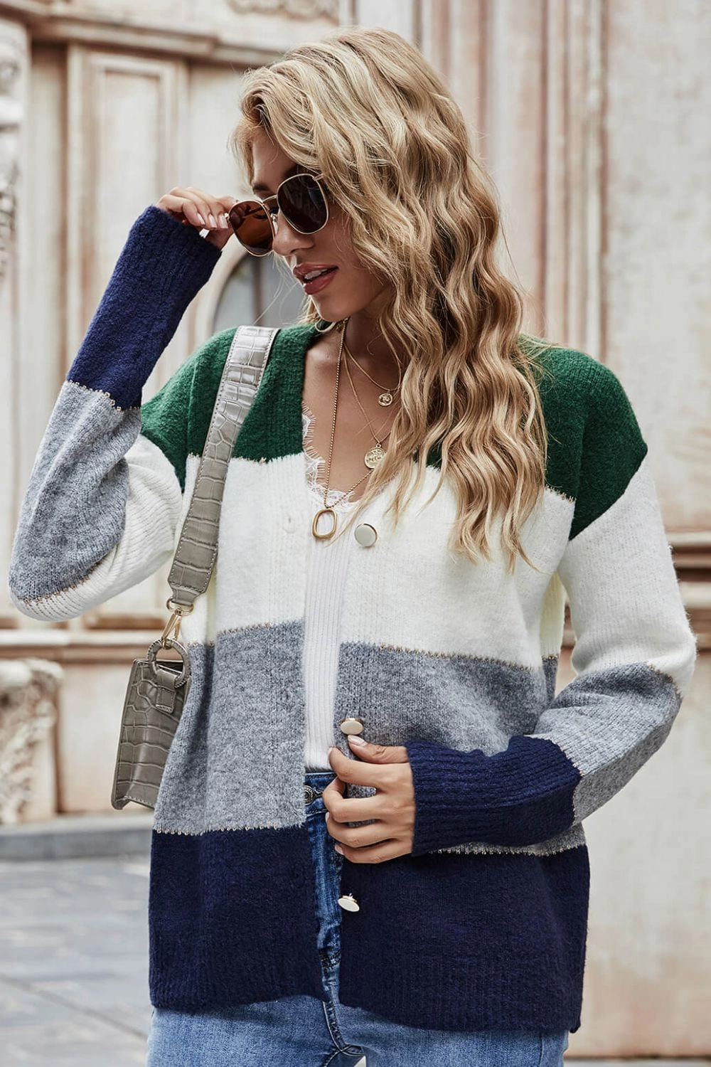 Woven Right Color Block V-Neck Button Down Cardigan Save More Online