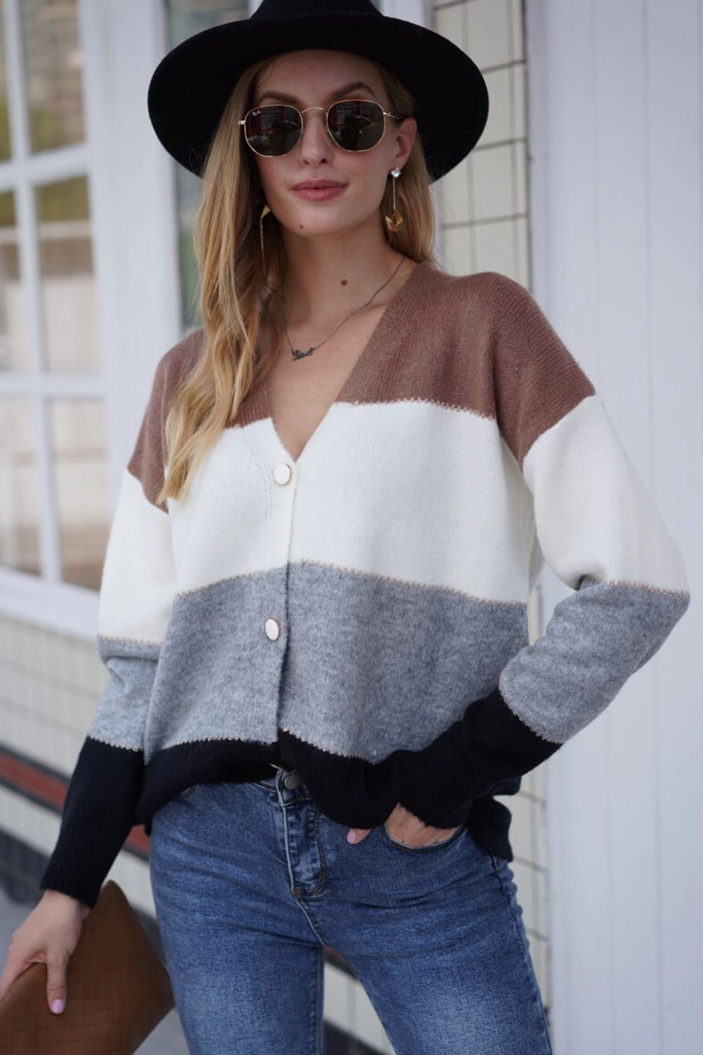 Daily Clearance Deal Mega Sale Now Woven Right Color Block V-Neck Button Down Cardigan