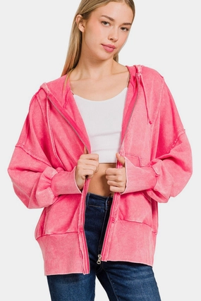 Price Drop Frenzy Hot Picks Today Zenana Acid Washed French Terry Zip-Up Hoodie With Pockets