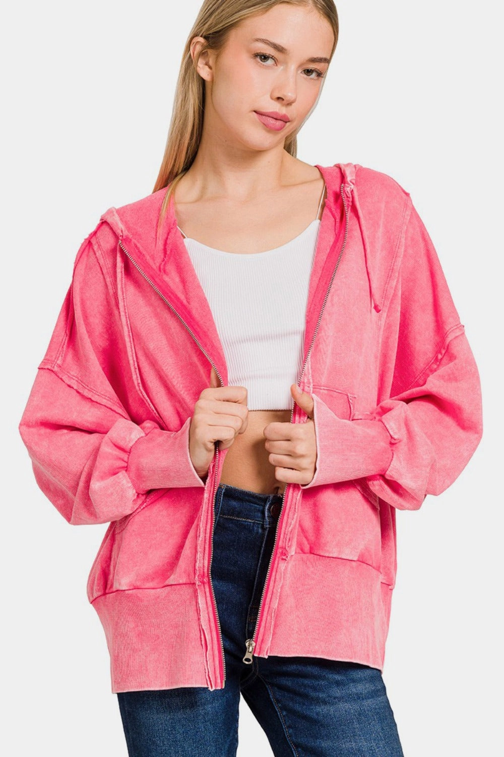 Price Drop Frenzy Hot Picks Today Zenana Acid Washed French Terry Zip-Up Hoodie With Pockets