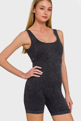 Zenana Washed Ribbed Romper With Pad Big Savings Event