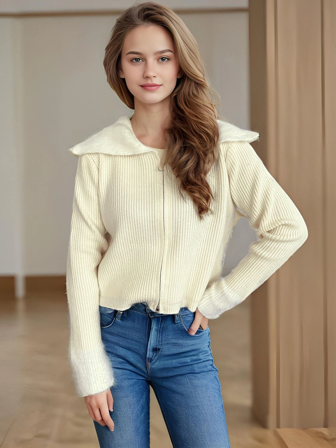 Zip Up Collared Neck Long Sleeve Cardigan Sweet Deal Today