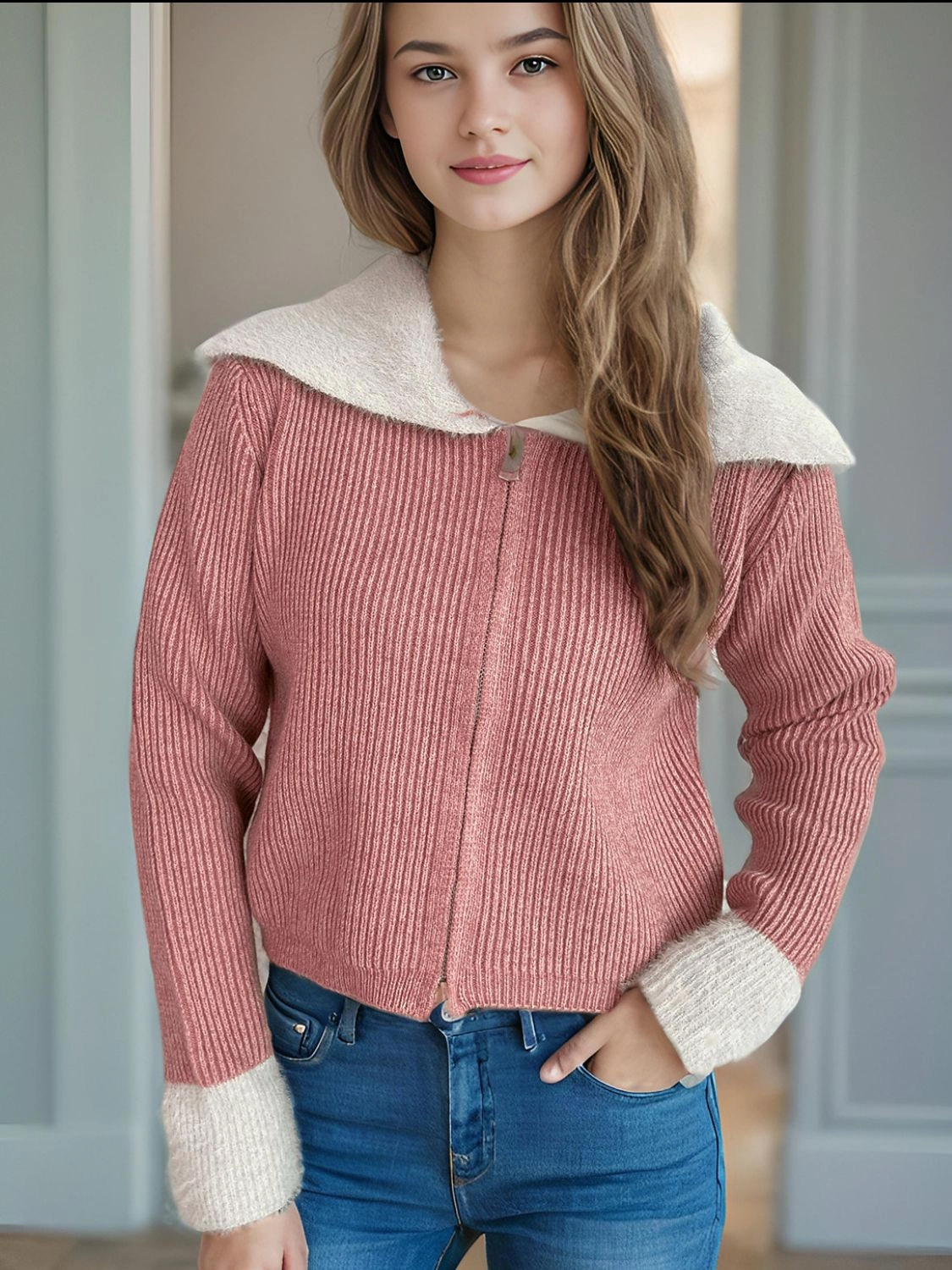 Zip Up Collared Neck Long Sleeve Cardigan Best Deal Online Best Price Online
