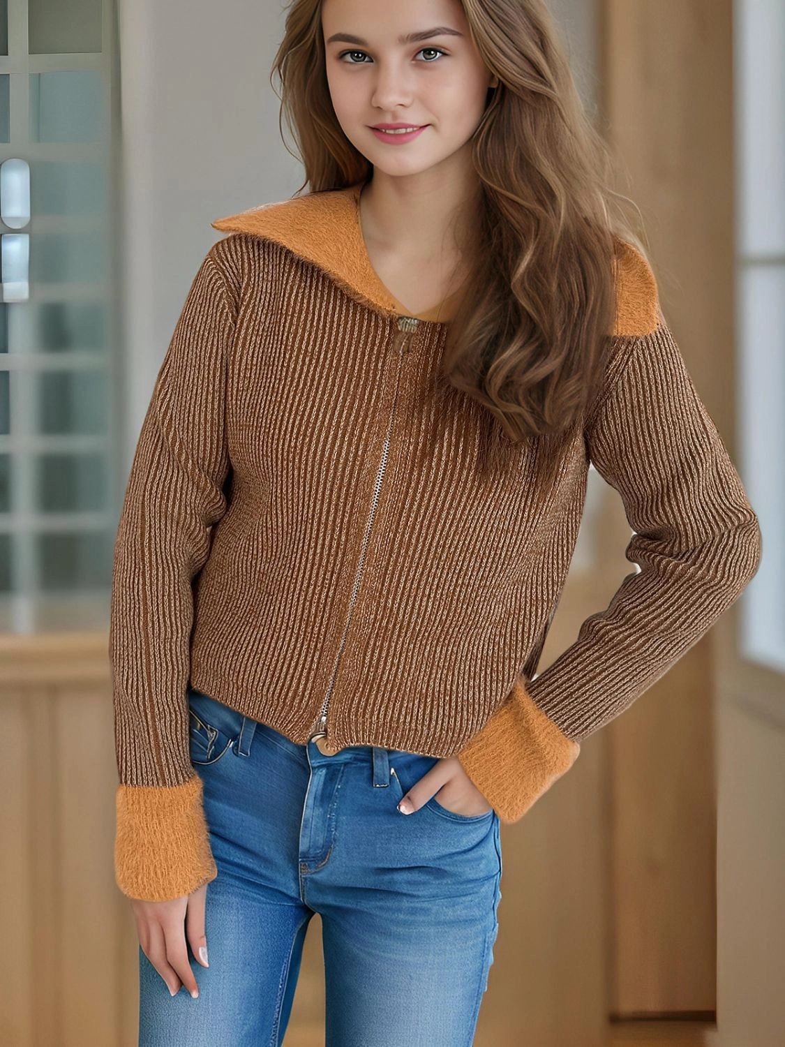 Zip Up Collared Neck Long Sleeve Cardigan Special Deals Online
