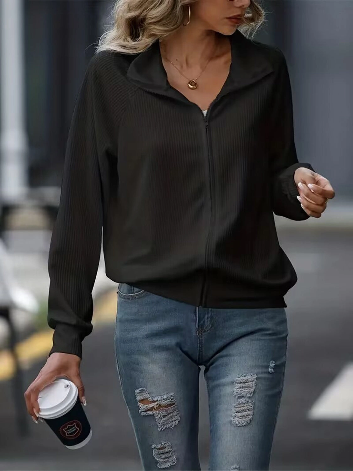 Limited Stock Hot Deal Best Deal Today Zip Up Collared Neck Raglan Sleeve Jacket
