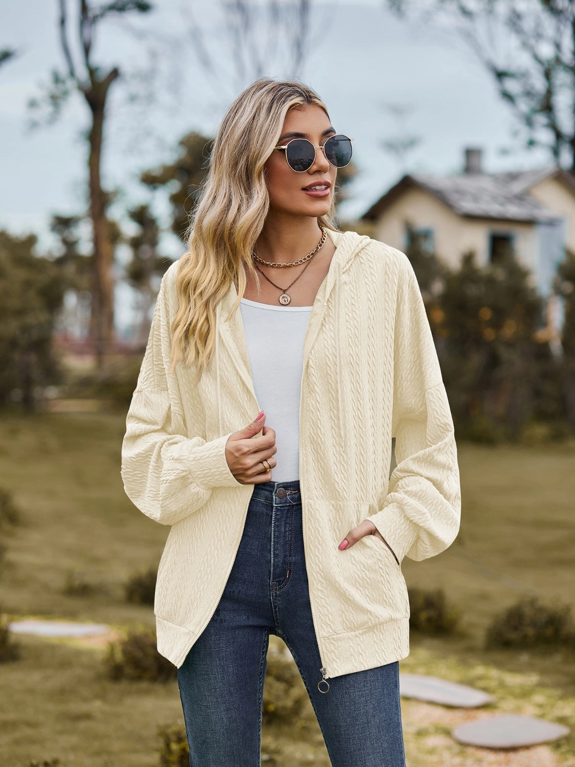 Unmissable Deal Today Zip Up Drawstring Long Sleeve Hooded Jacket