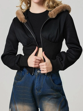 Zip Up Long Sleeve Fuzzy Hem Hooded Jacket Trending Today Steal Today Only Discount
