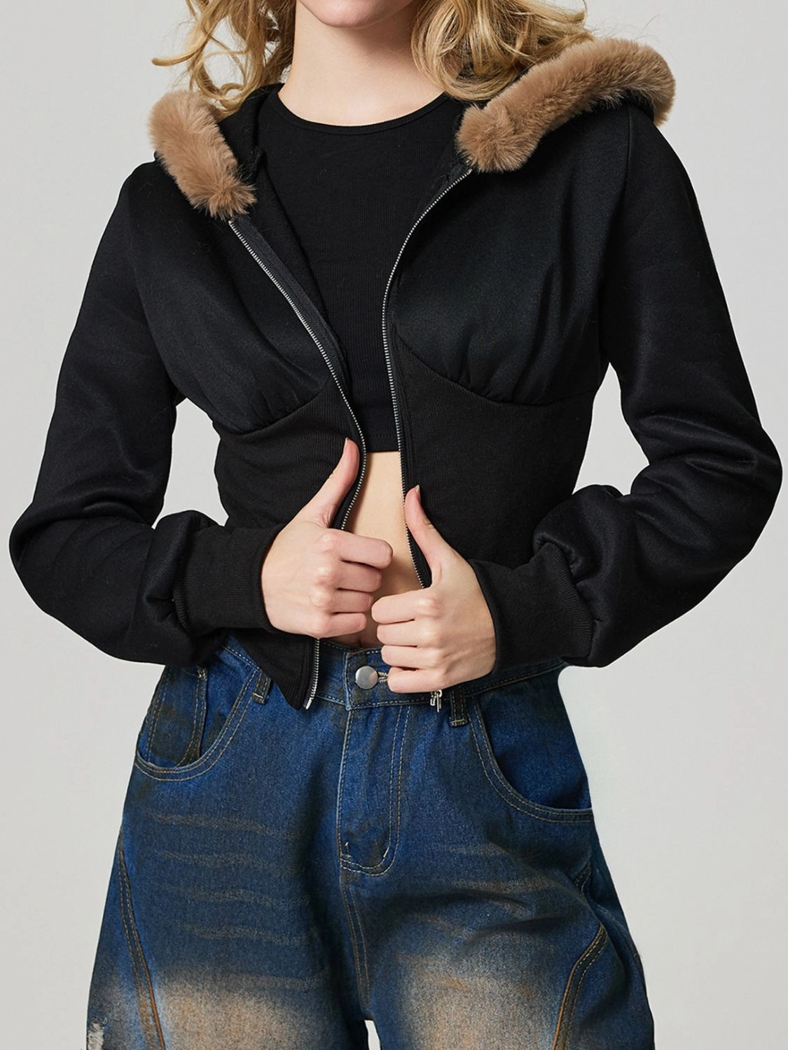Zip Up Long Sleeve Fuzzy Hem Hooded Jacket Todays Trending Deals Steal Todays Offer